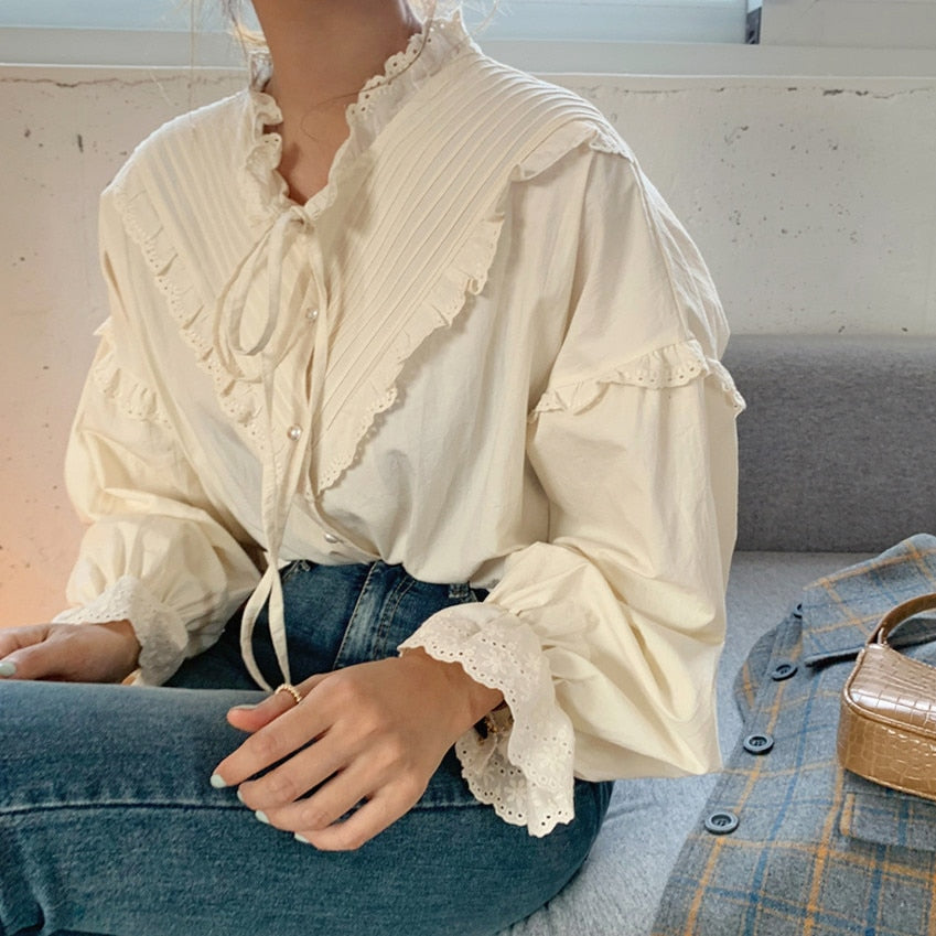 Blusa vintage calada de manga larga y corte holgado
