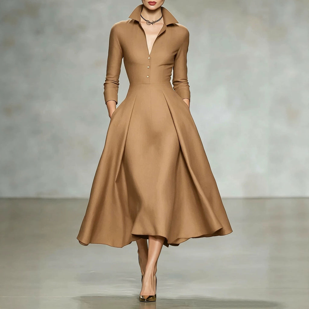 Vestido de manga larga con escote en V y cintura entallada