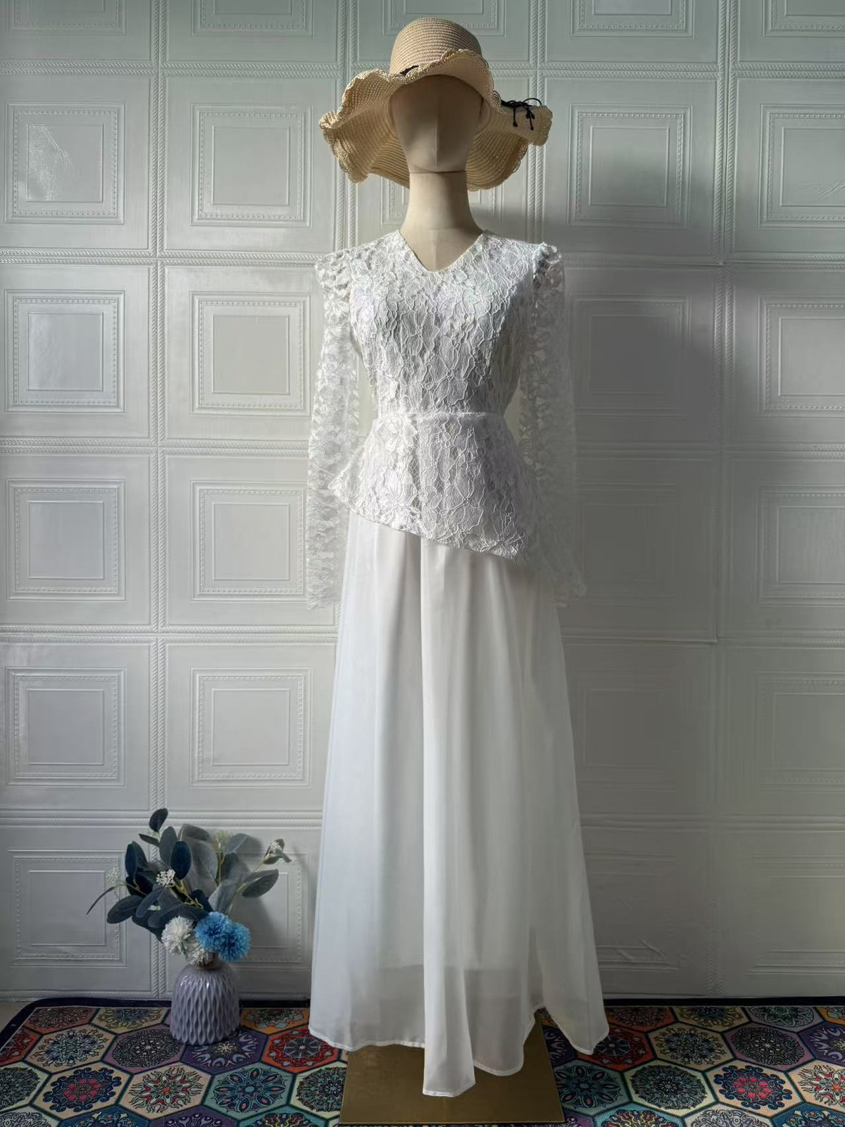 Vestido largo vintage entallado de manga larga con escote en V
