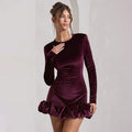 Autumn/Winter new design pleated hem fitted skirt, elegant round neck long sleeve velvet 3D dress