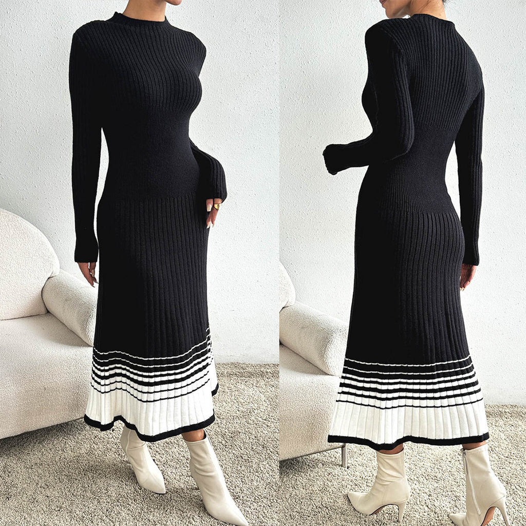 Vestido de punto a rayas blanco y negro de manga larga