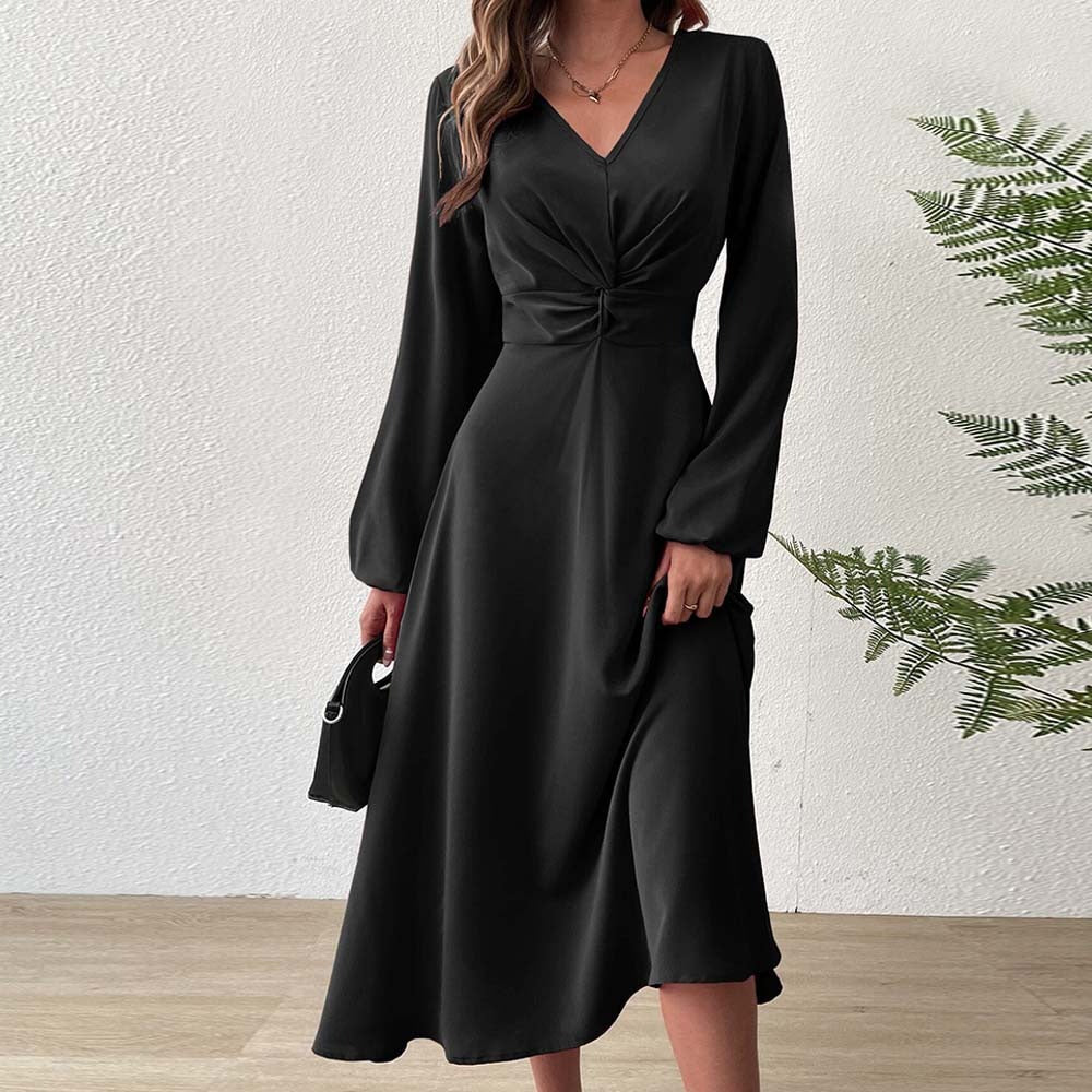 Vestido midi de estilo francés con escote en V y cintura alta