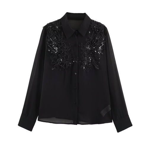 Camisa elegante de manga larga con perlas y lentejuelas