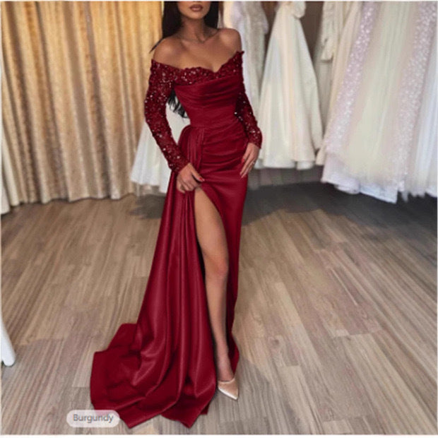 Vestido largo de noche con lentejuelas, escote profundo en V y manga larga