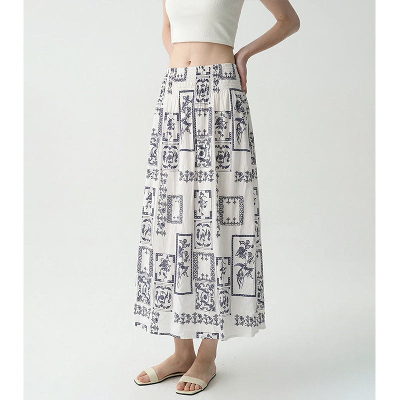 Falda midi estampada de cintura alta y corte evasé