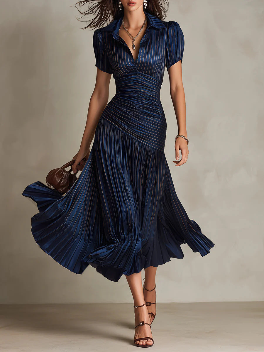 Vestido midi a rayas con cuello camisero