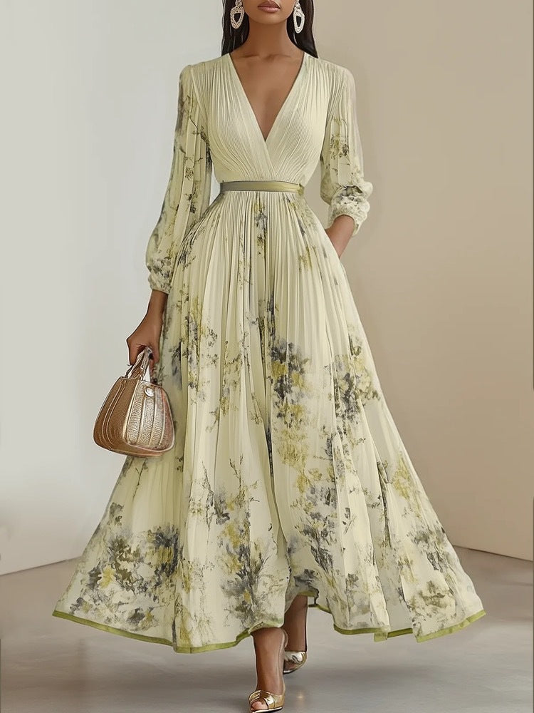 Vestido largo floral de manga larga con escote en V