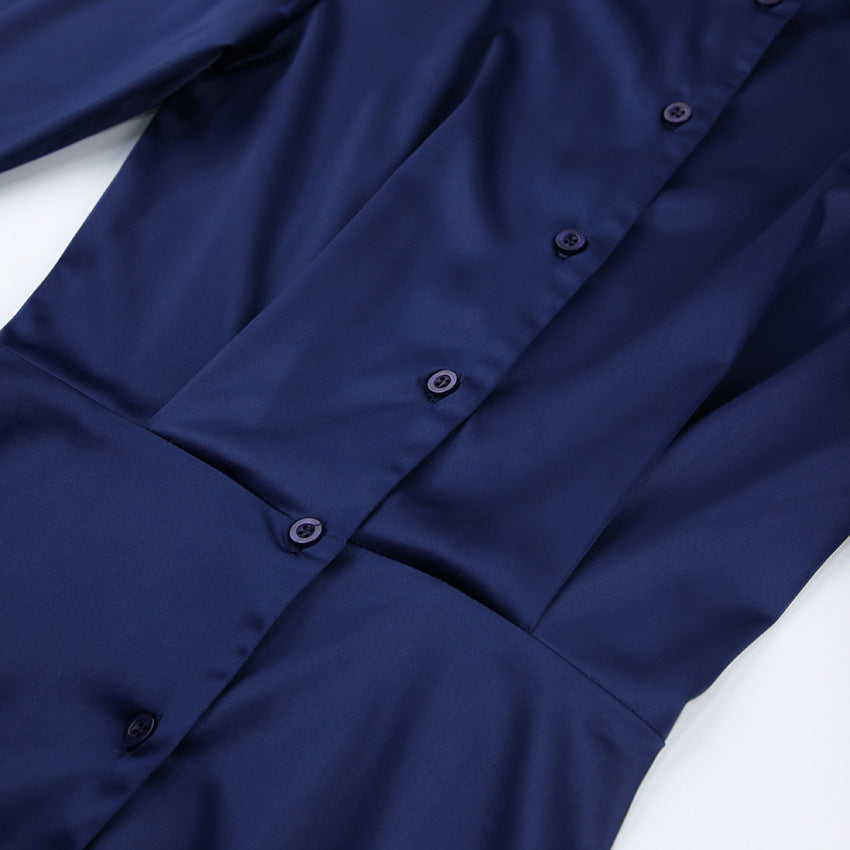 Vestido camisero azul de manga larga y cintura alta
