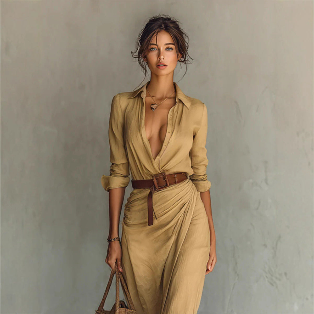 Vestido largo plisado con abertura