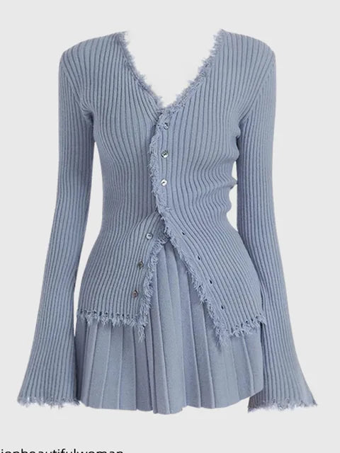 Conjunto vintage de cárdigan con flecos y minifalda plisada