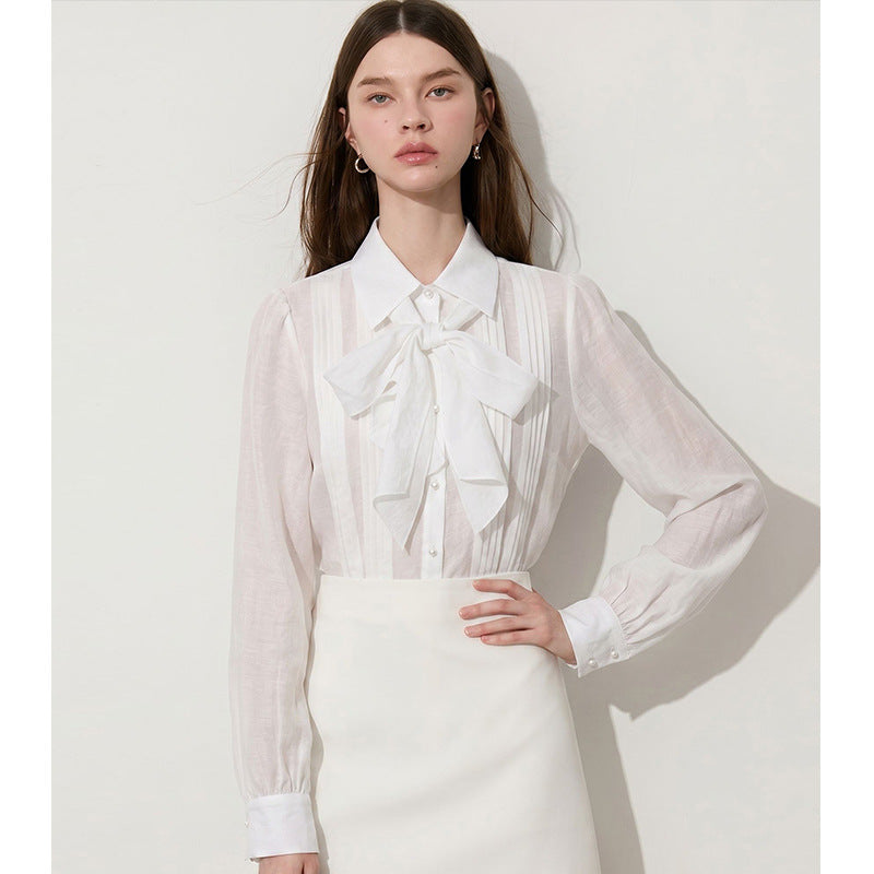 Blusa elegante de Tencel con lazo y cuello camisero