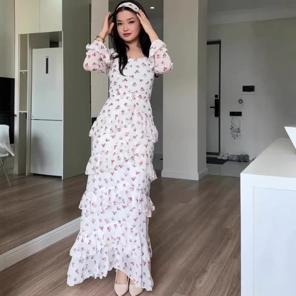 Vestido largo floral de manga larga con cinturón
