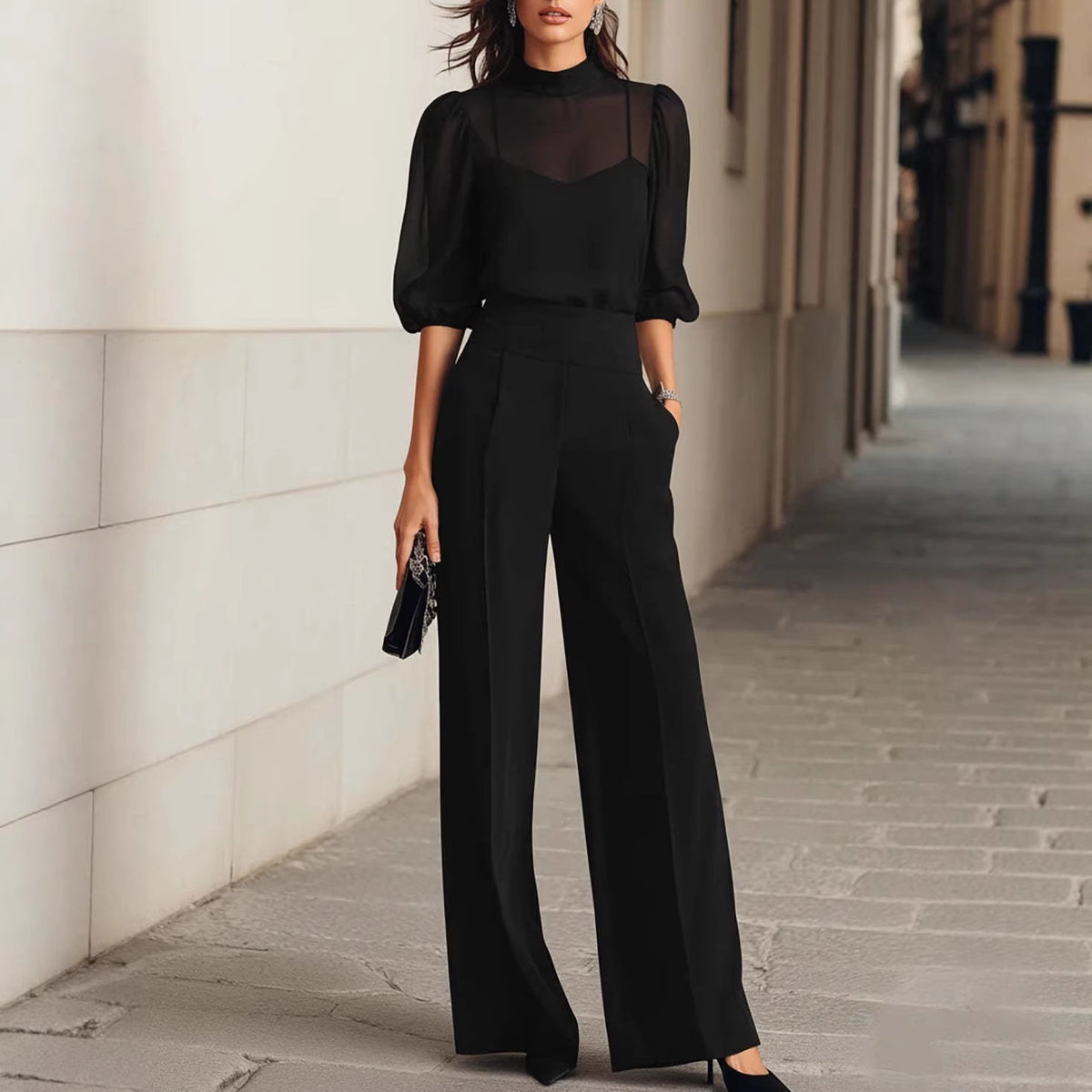 Conjunto elegante de tres piezas con pantalón ancho