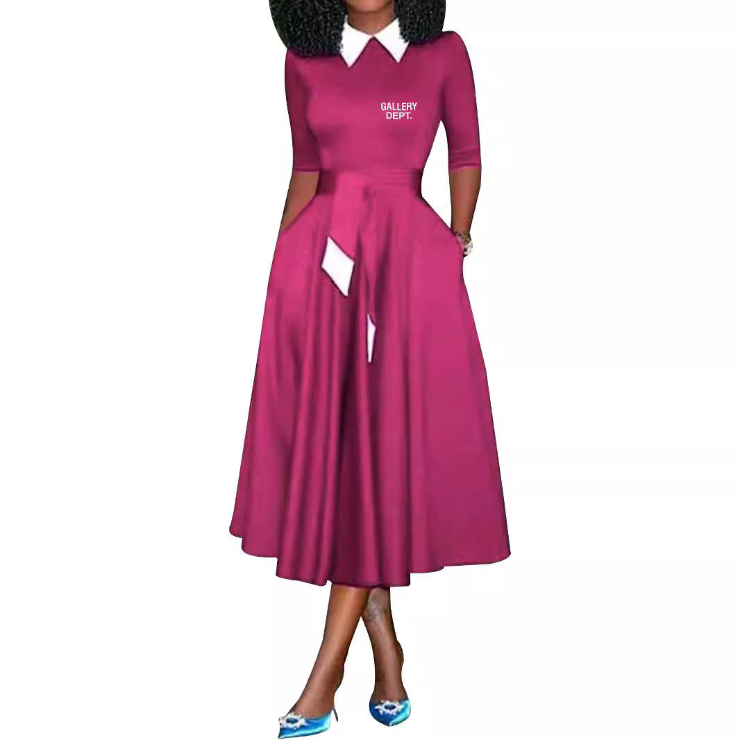 Vestido largo evasé elegante con cuello camisero