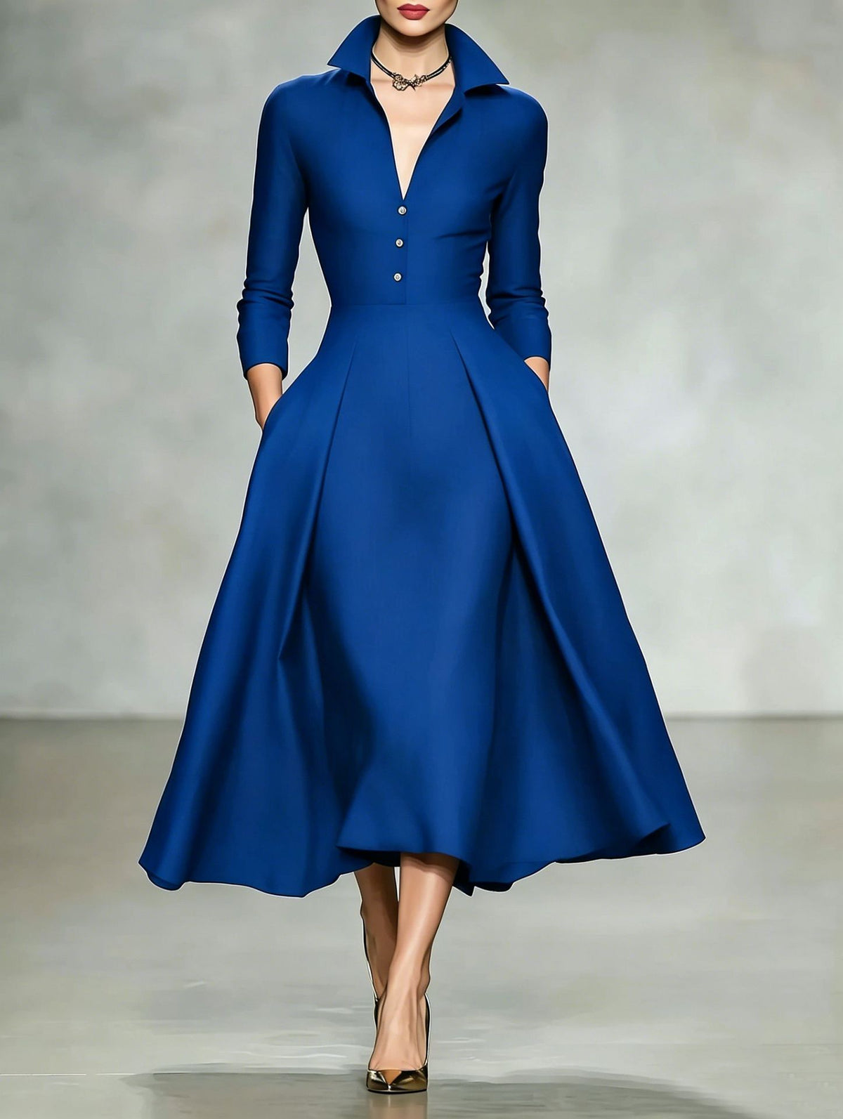 Vestido de manga larga con escote en V y cintura entallada