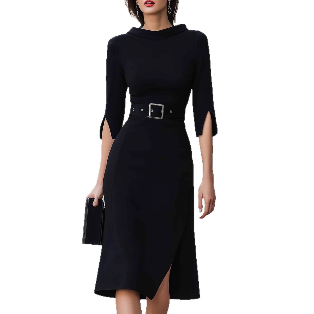 Vestido midi con abertura, cinturón y manga tres cuartos