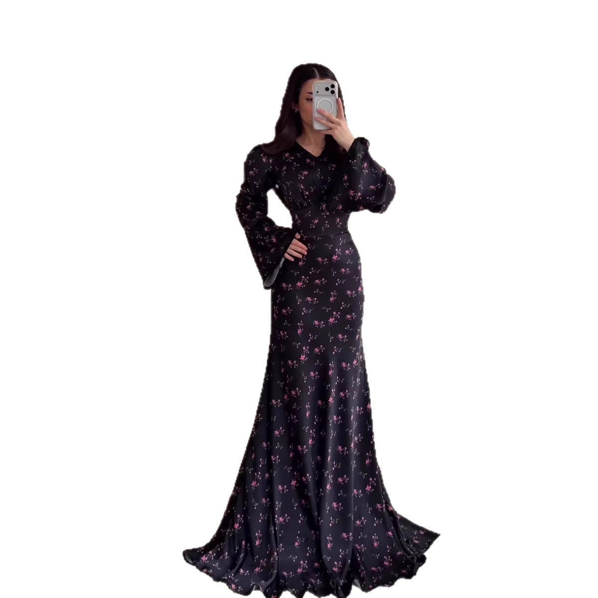 Vestido largo floral entallado de manga larga con escote en V