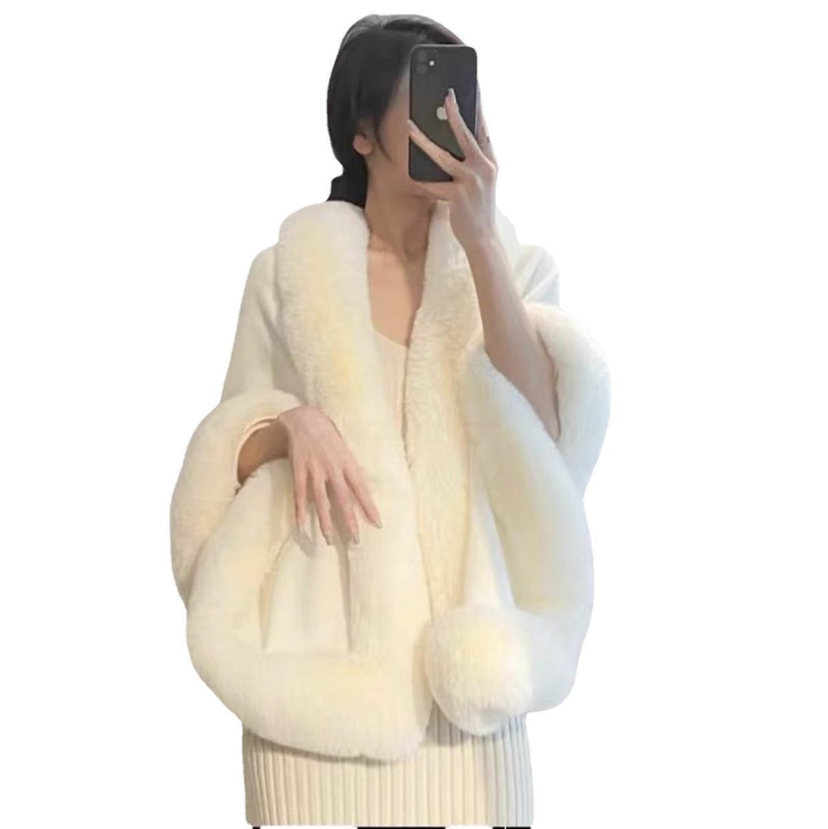 Capa poncho elegante con cuello de pelo sintético