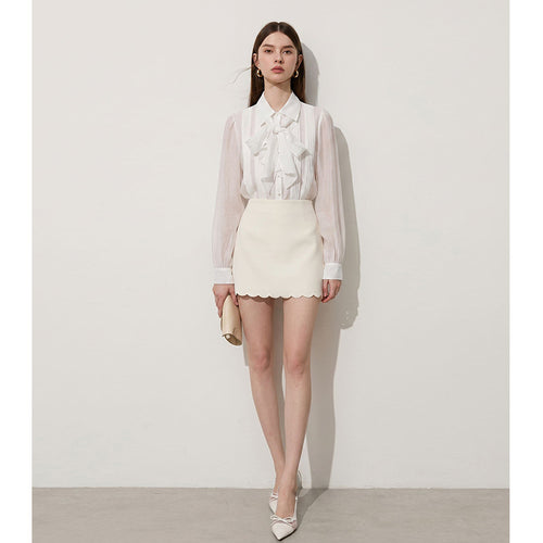Blusa elegante de Tencel con lazo y cuello camisero