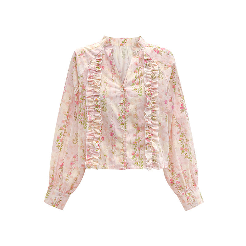 Blusa floral rosa de manga larga con escote en V