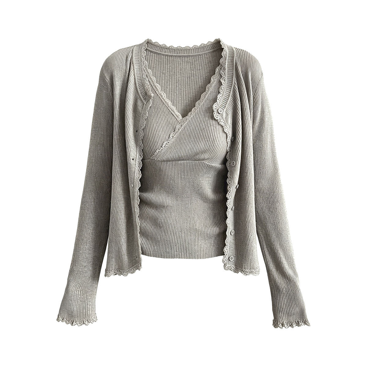 Conjunto de punto con top de escote en V y cárdigan de encaje