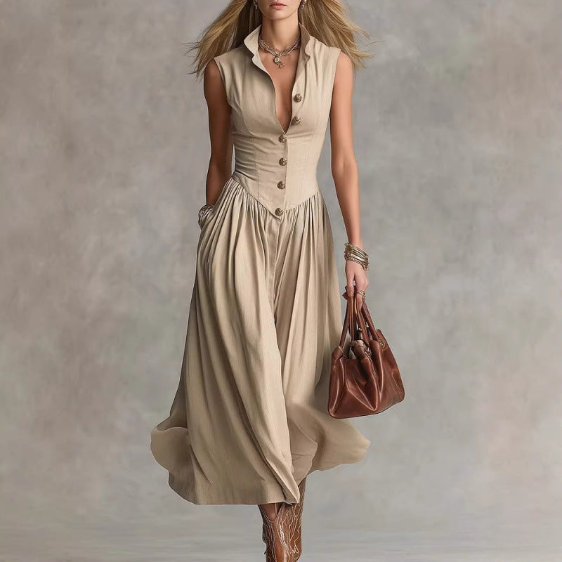 Vestido largo de estilo francés sin mangas con cuello camisero