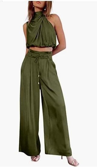 Conjunto de verano de top corto sin mangas y pantalón ancho