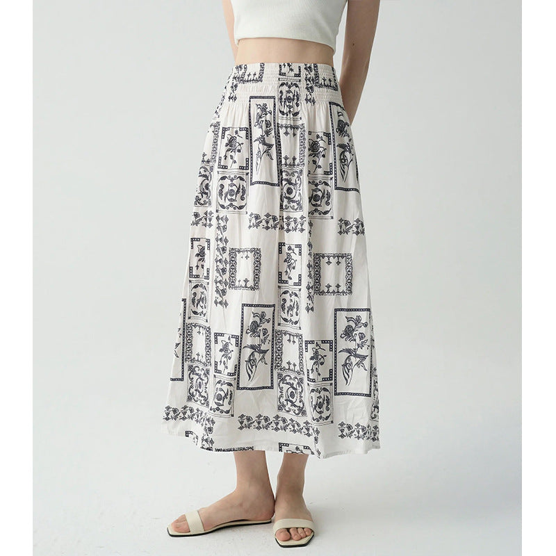 Falda midi estampada de cintura alta y corte evasé