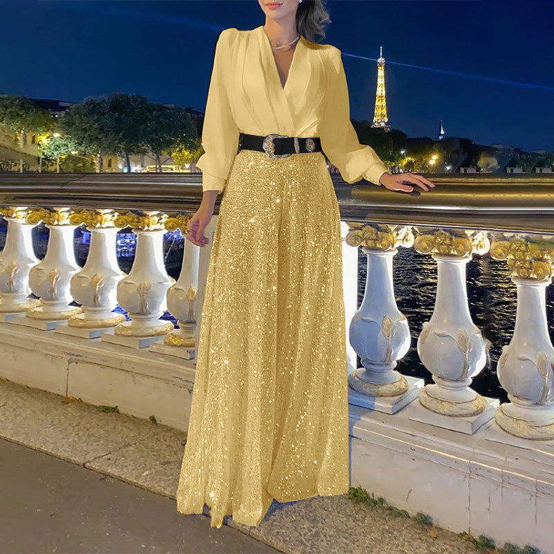 Conjunto elegante de blusa con escote en V y pantalón ancho de lentejuelas