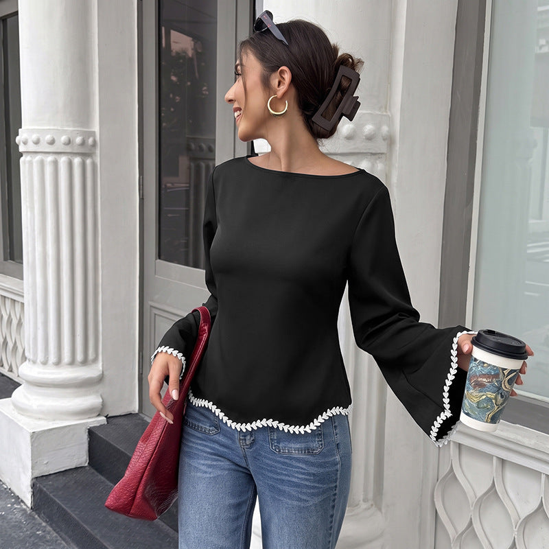 Camisa elegante de manga larga con encaje y escote barco