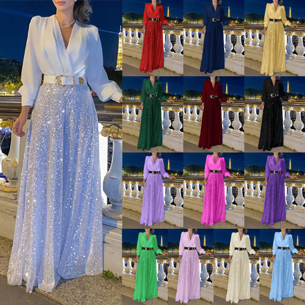 Conjunto elegante de blusa con escote en V y pantalón ancho de lentejuelas
