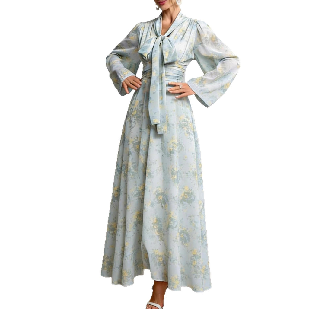 Vestido largo floral de manga larga con lazada en la cintura