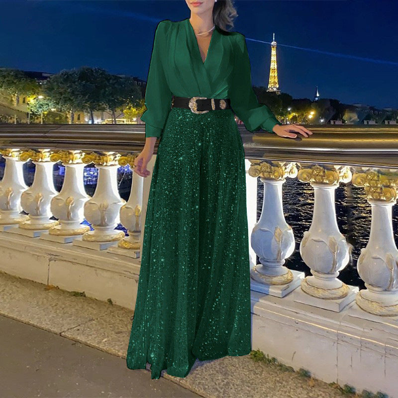 Conjunto elegante de blusa con escote en V y pantalón ancho de lentejuelas
