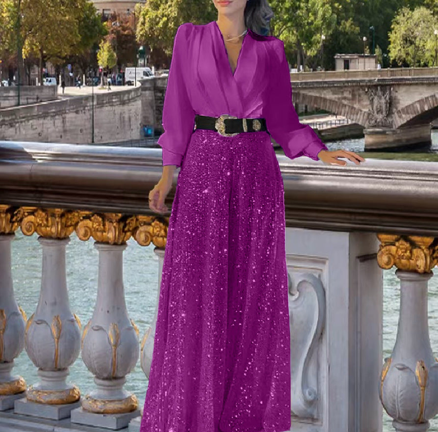 Conjunto elegante de blusa con escote en V y pantalón ancho de lentejuelas