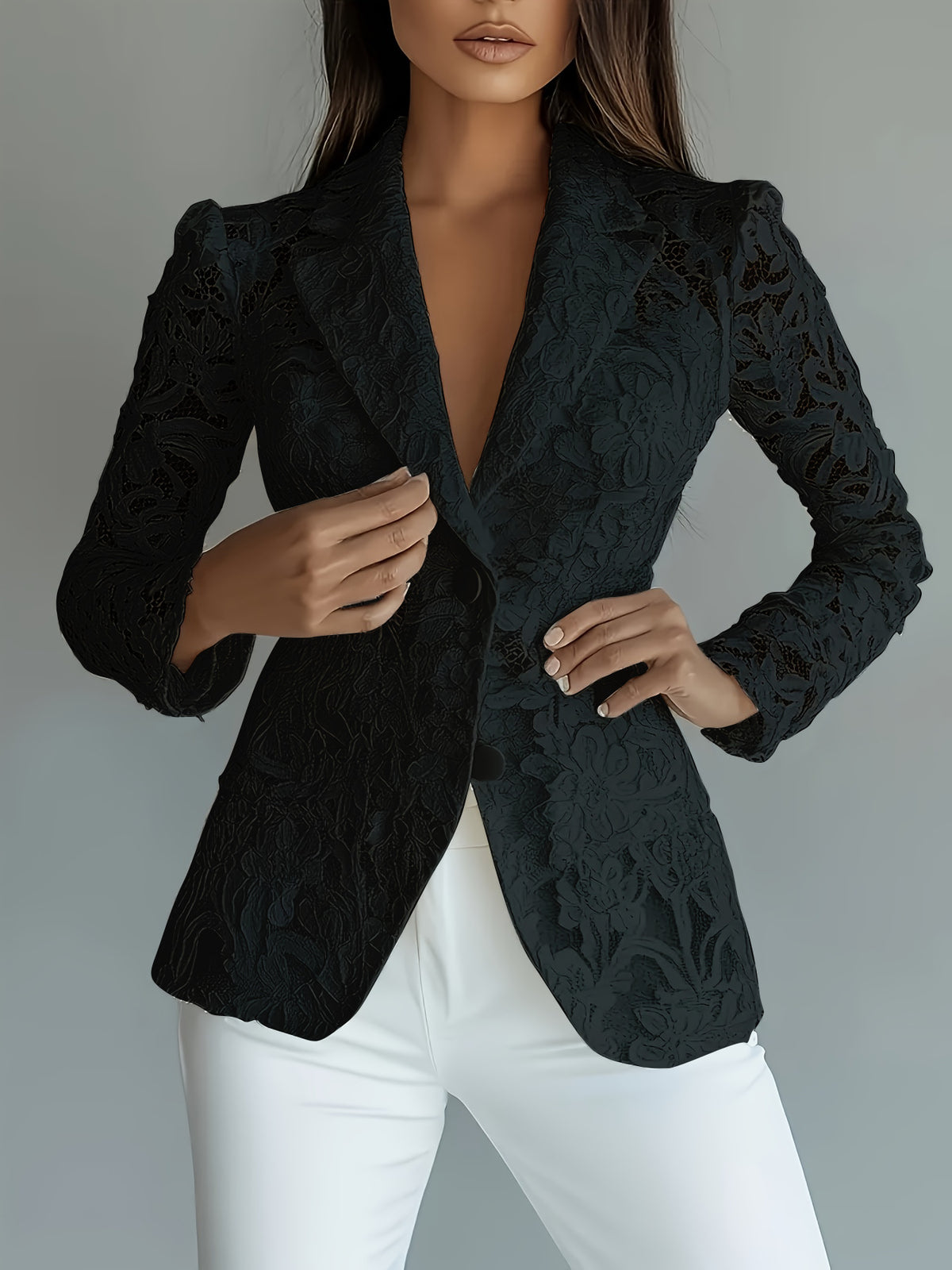 Blazer de encaje semitransparente con escote en V