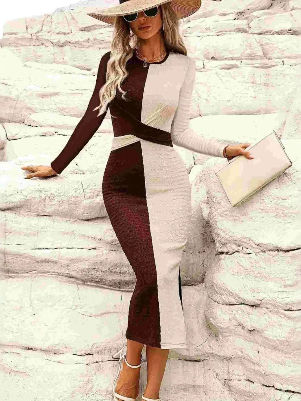 Vestido midi bicolor de manga larga con abertura