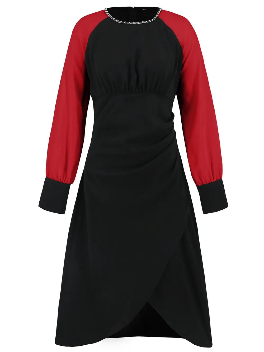 Vestido midi fruncido de manga larga con contraste