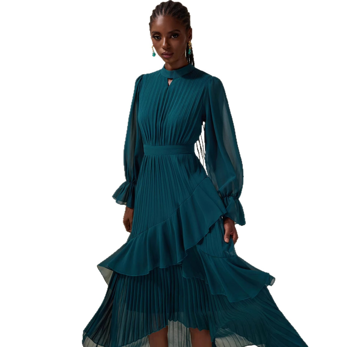 Vestido midi plisado de manga larga con cuello alto