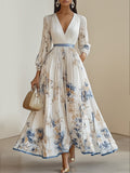 Vestido largo floral de manga larga con escote en V