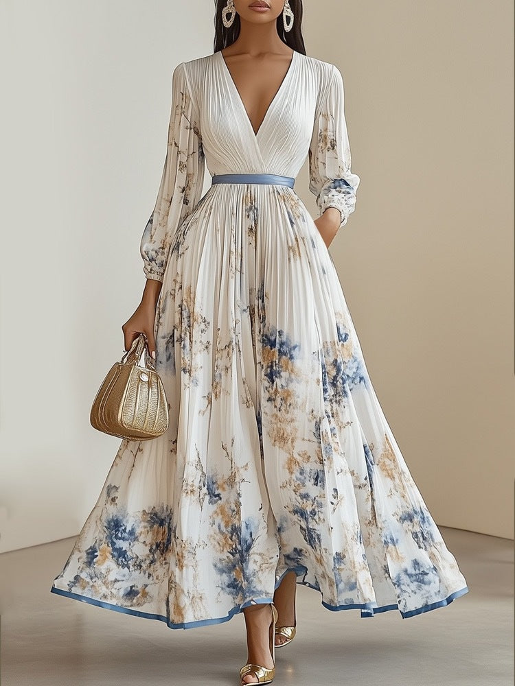 Vestido largo floral de manga larga con escote en V
