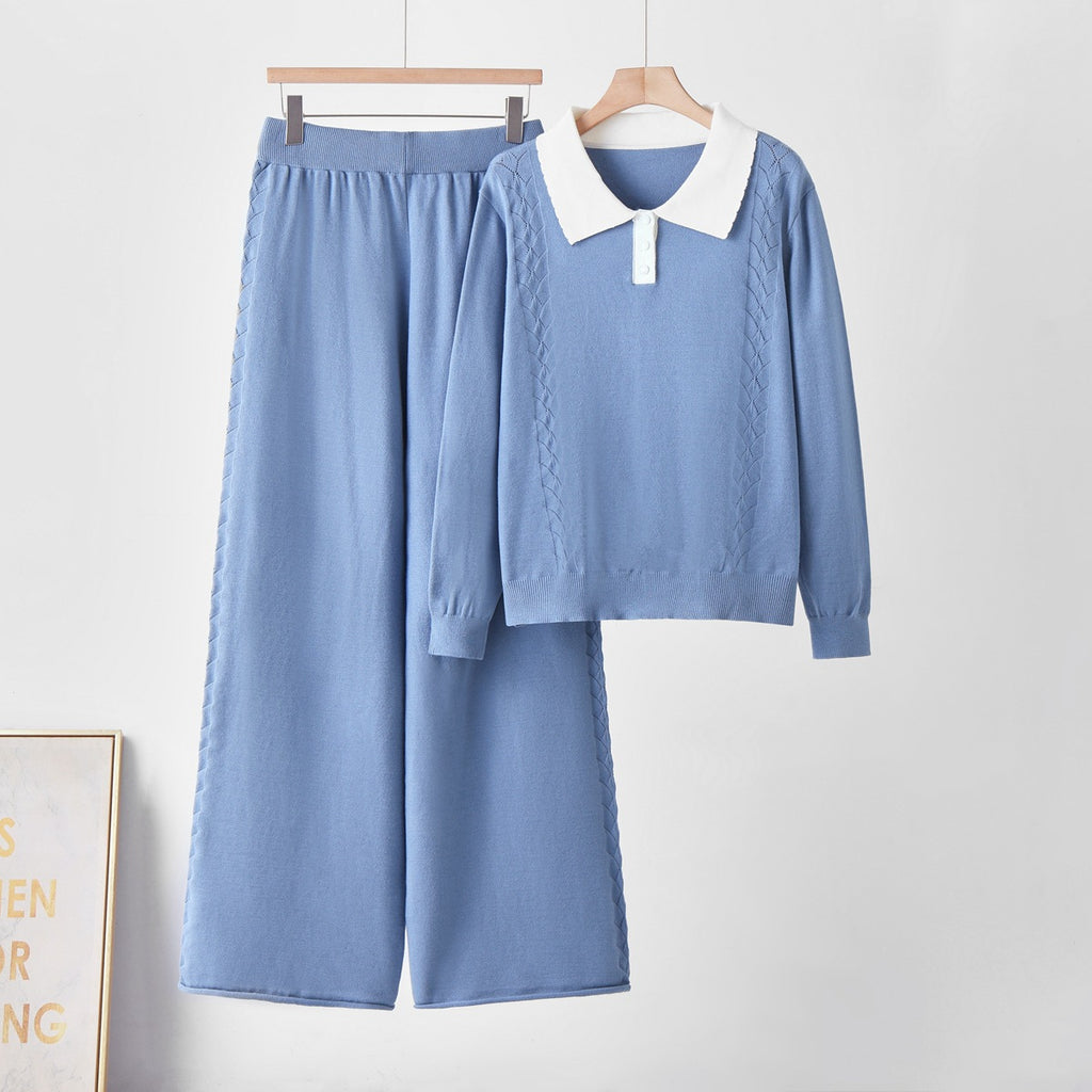 Conjunto de punto con jersey de cuello polo y pantalón ancho