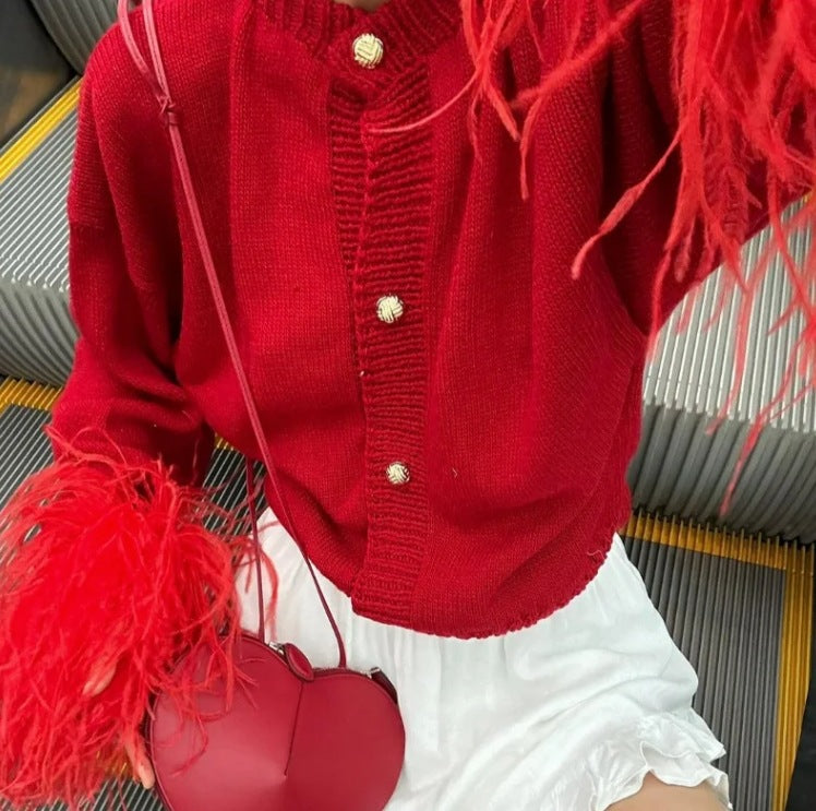 Cárdigan de punto con plumas y manga larga