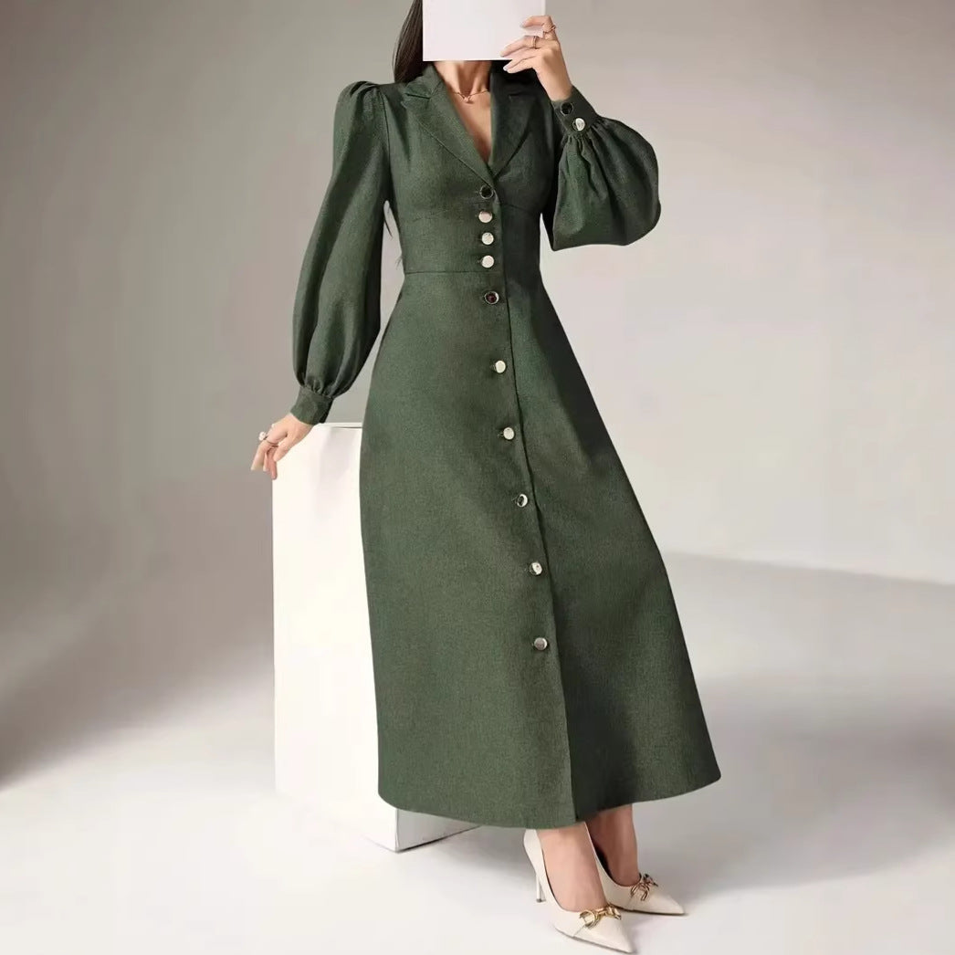 Vestido largo vintage de manga larga con cuello sastre