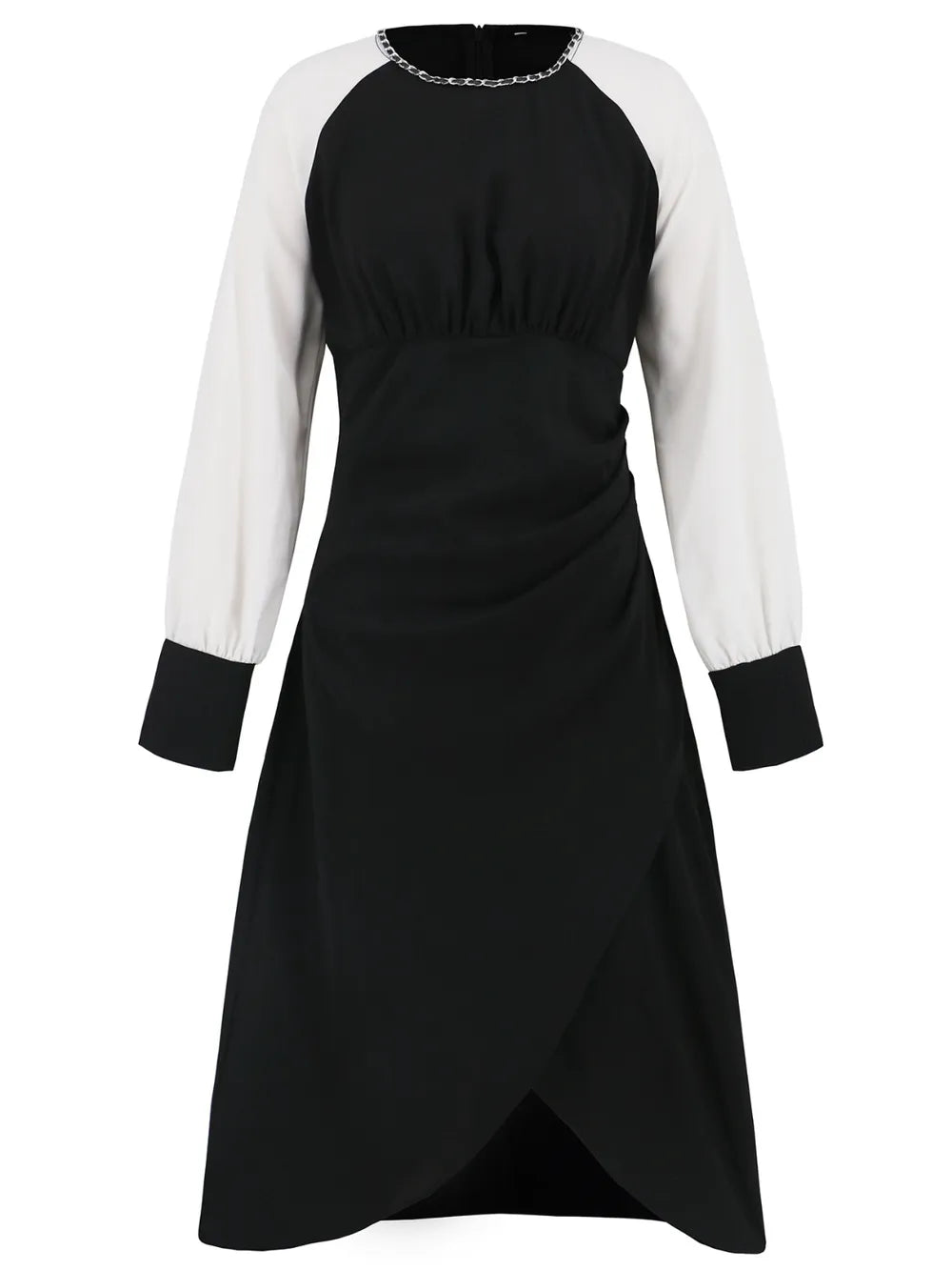 Vestido midi fruncido de manga larga con contraste