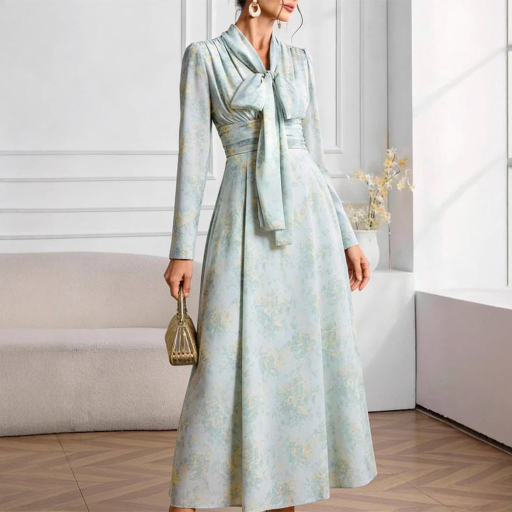 Vestido largo floral de manga larga con lazada en la cintura