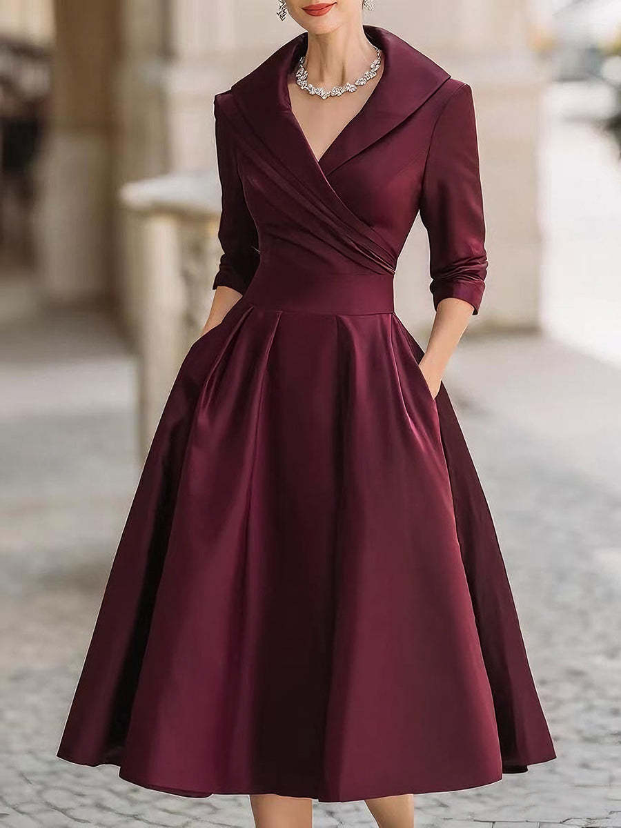 Vestido largo formal entallado de manga larga con cuello camisero