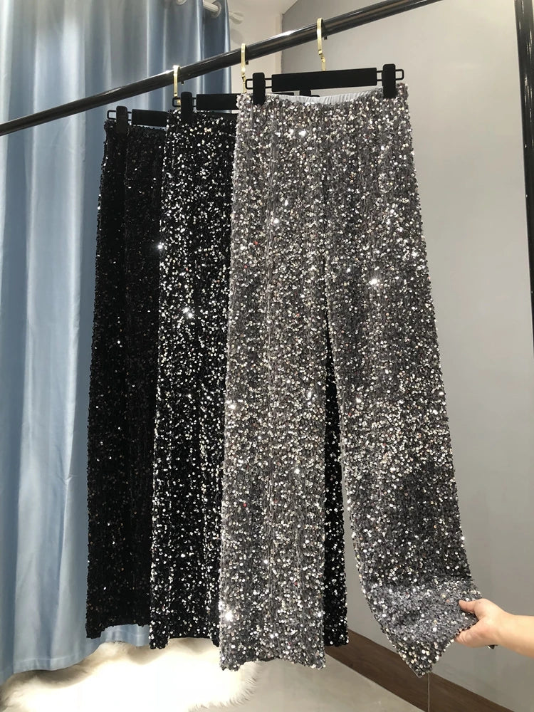 Pantalón brillante de cintura alta y pierna ancha