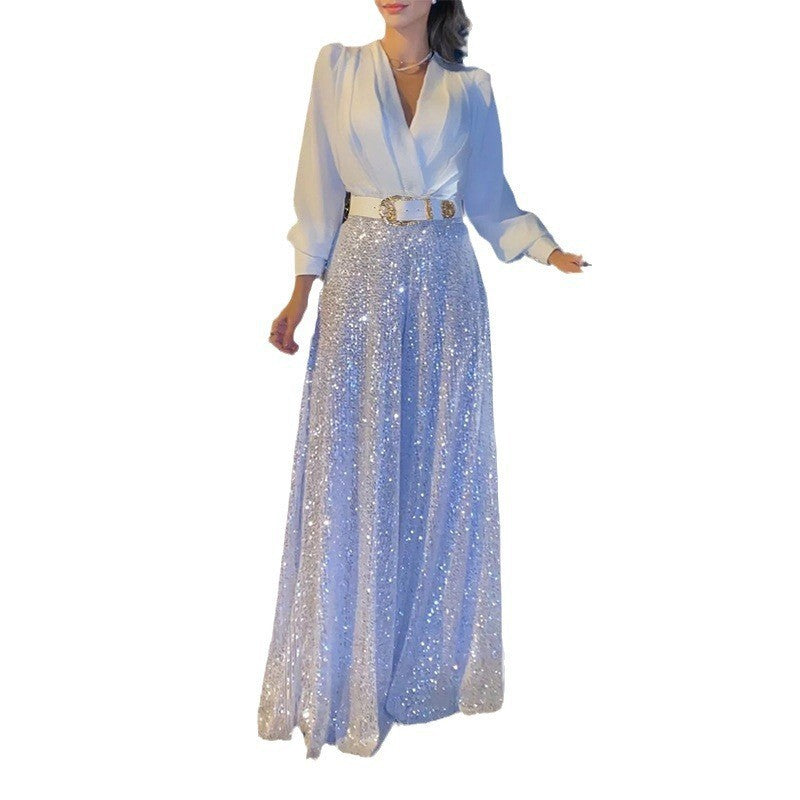 Conjunto elegante de blusa con escote en V y pantalón ancho de lentejuelas