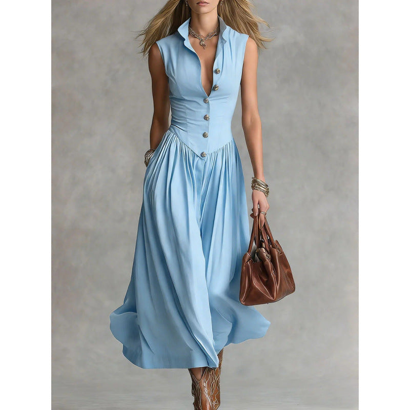 Vestido largo de estilo francés sin mangas con cuello camisero
