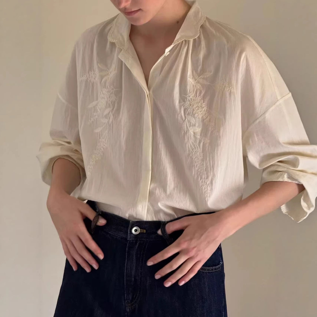Camisa bordada semitransparente de manga larga